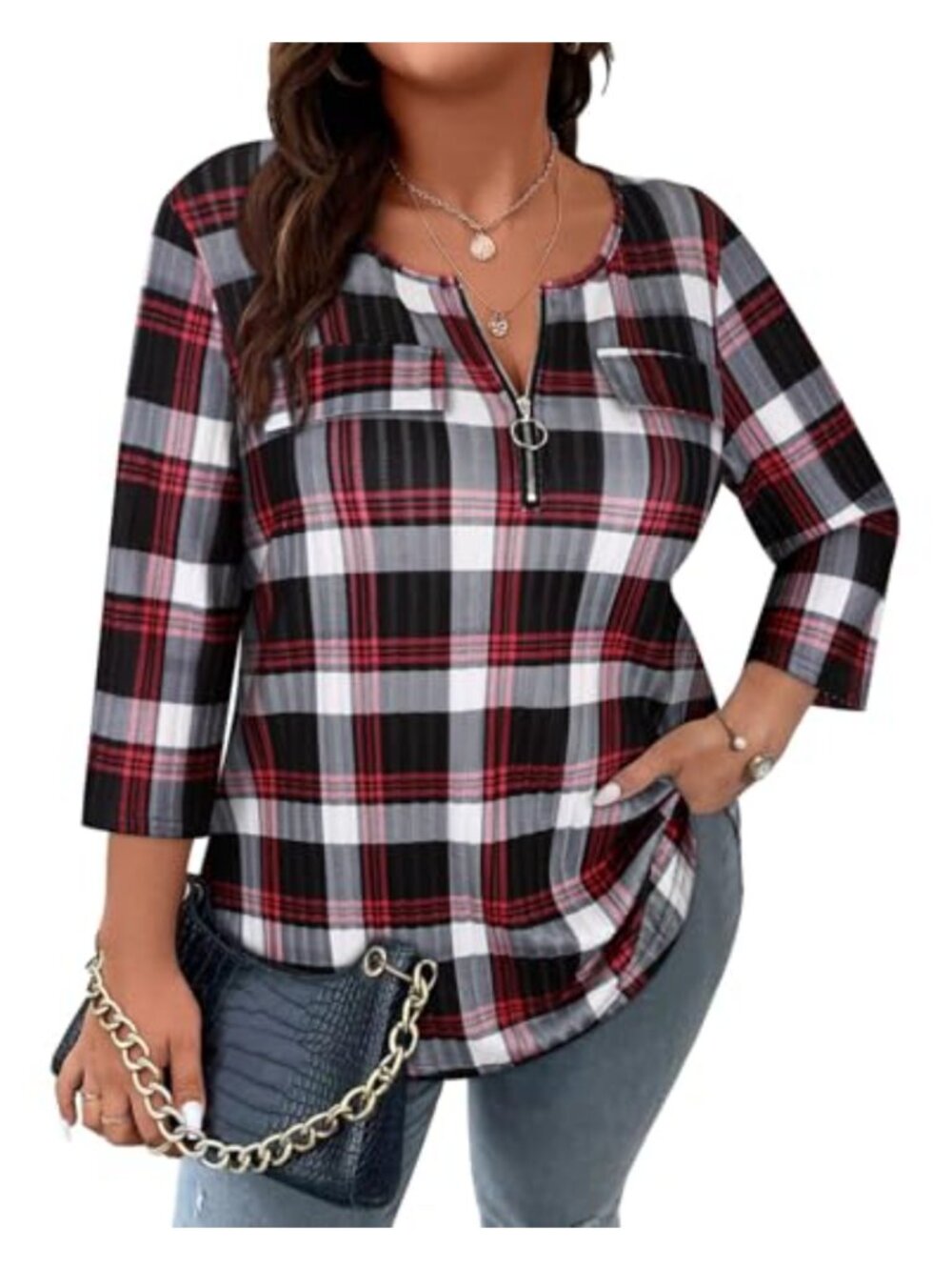 Viracy Plus Size Ribbed Tunic Sweater 3/4 Sleeve Half Zip V Neck Casual Top